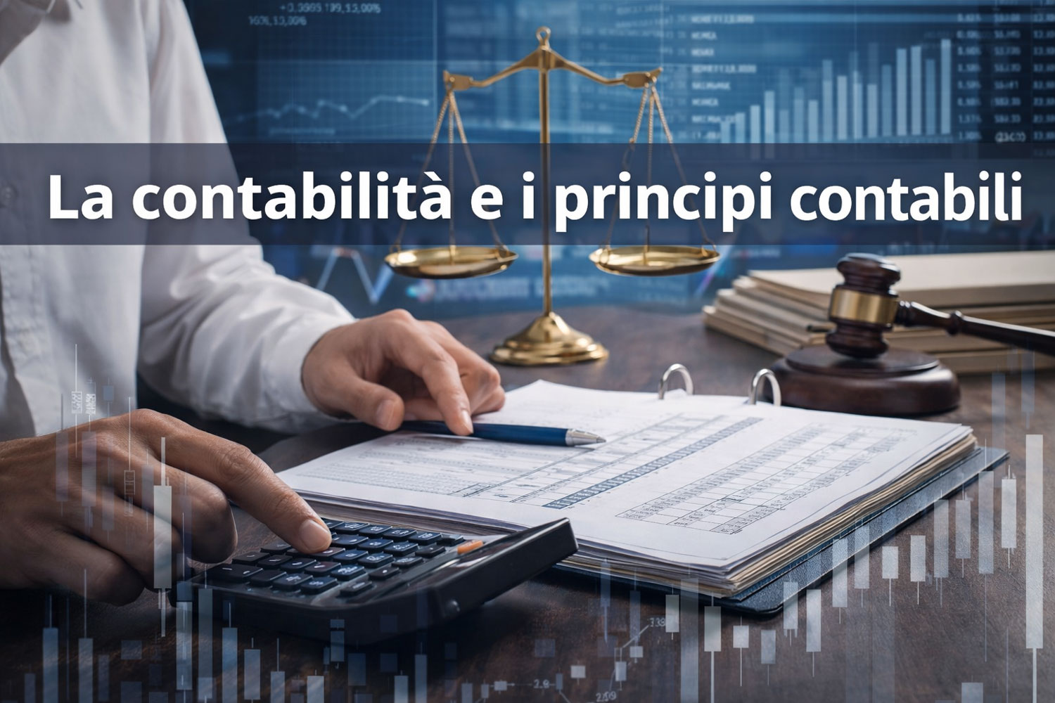 Contabilità e principi contabili con documenti finanziari, calcolatrice e bilancia simbolo di correttezza contabile
