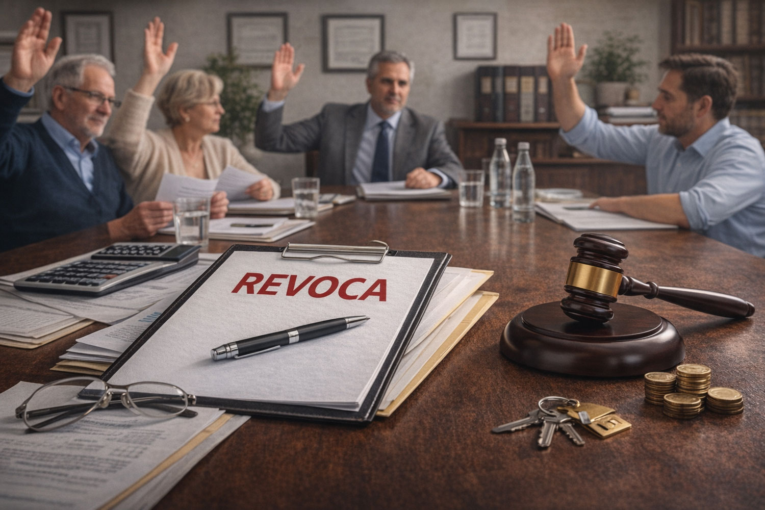 Assemblea condominiale in votazione per la revoca dell’amministratore con documenti, cartellina “REVOCA” e martelletto