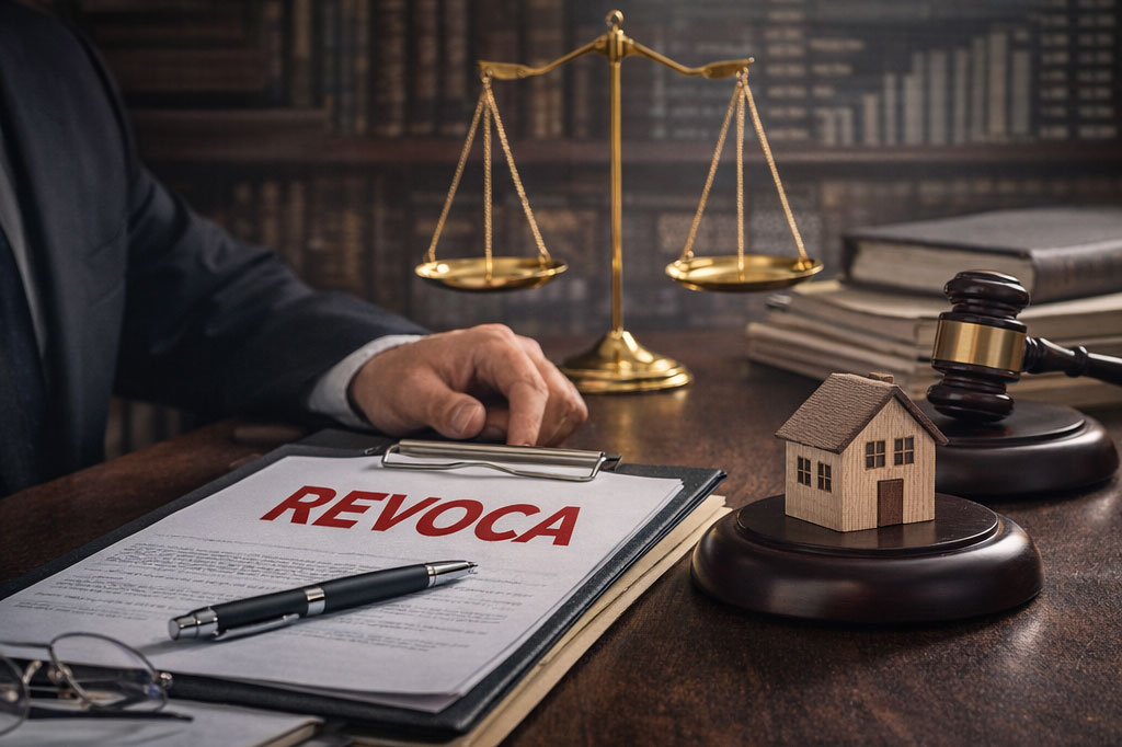 Revoca giudiziale amministratore condominio con giudice, casa in miniatura e cartellina con la scritta "REVOCA".